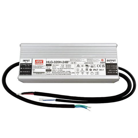 Beefy 320W 24V DC LED Driver Power Supply With Dual Mode CV And CC Output, Waterproof IP67, visible connectors shown.