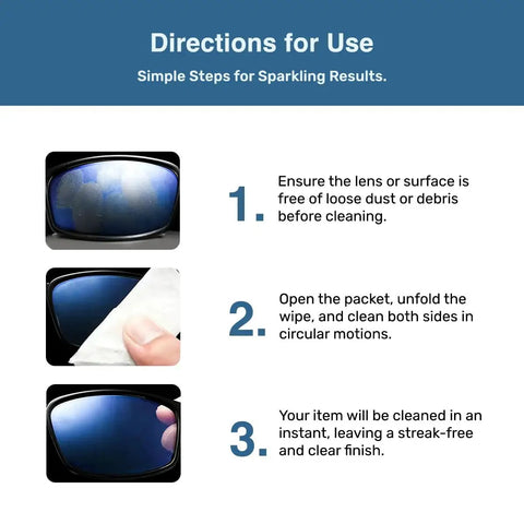 Clear Guard Anti Fog Lens Wipes For Glasses And Lenses 100 Pre Moistened usage guide with three step instructions for fog-free clarity