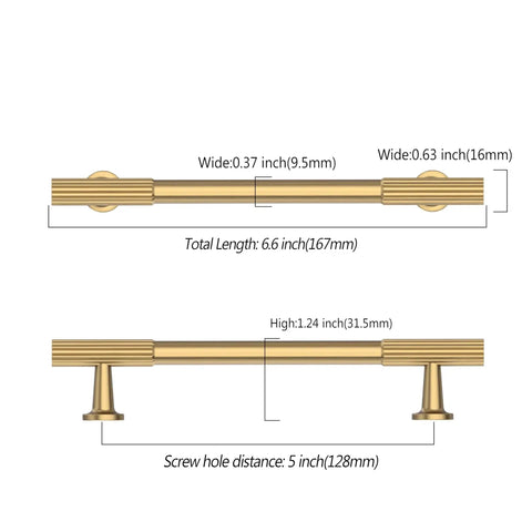 Diagram of Ten Pack 5 Inch Cabinet Handles With Champagne Bronze Finish, showing 128mm center, 167mm length, 31.5mm projection.