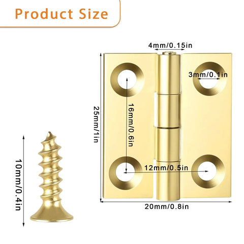 Ten Sets 1 Inch Gold Mini Brass Hinges With Screws For Jewelry Boxes DIY Projects featuring detailed size measurements