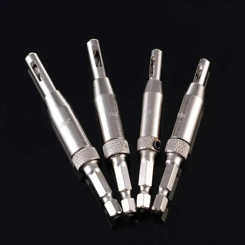 HSS Self Centering Hinge Tapper Core Drill Bit Set Four Piece One Quarter Inch Quick Change Hex Shank Bits With Automatic Center Punch For Wood Door And Window displayed on a dark surface.