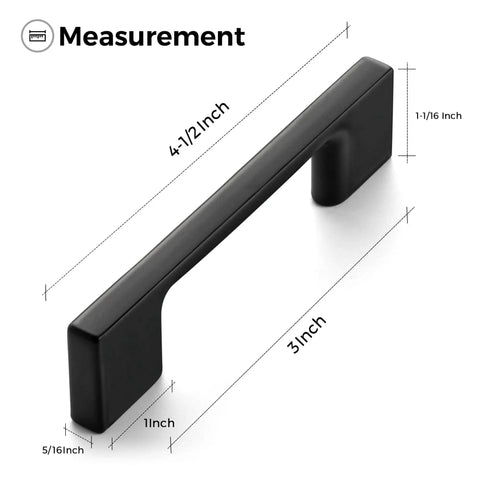 3 Inch Wide Foot Cabinet Pulls 10 Pack Matte Black Cabinet Handles with measurement details showing length and dimensions