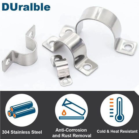 Stainless Steel Conduit Clamps 1/4 Inch Heavy Duty Universal 2 Hole U Bracket Pipe Clips For Cylindrical Components Fits 6mm OD Pipes 0.4 Inch Wide 0.03 Inch Thick Mounting Hole 5/32 Inch Pack Of 20 on display with icons highlighting features