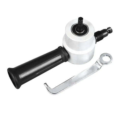Rotatable 360 Degree Sheet Metal Cutter Nibbler Drill Attachment For Burr Free Edges shown with handle and wrench