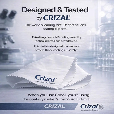 Crizal Microfiber Cleaning Cloths For Eyeglasses Safe On AR Coatings 4 Pack displayed with Crizal branding and microscope in background.