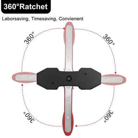 Top view of Brake Caliper Press Tool With 360 Degree Swing Ratchet Piston Compressor Pad Spreader DIY Ready Pro Grade And Two Extra Steel Plates, Adjustable From 1.57 To 2.76 Inches For Double And Four Piston Calipers Red.