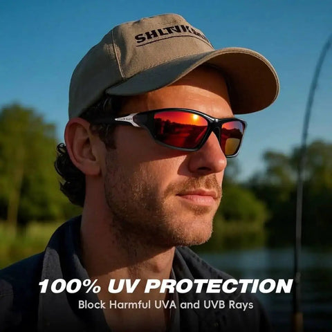 Man wearing polarized sports sunglasses for men with UV400 protection ultralight and durable for cycling driving fishing depicting outdoors.