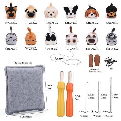 Needle Felting Kit For DIY Craft Lovers Dope 12 Piece Starter Set with felt mat, needles, tools, and animal figure components displayed.