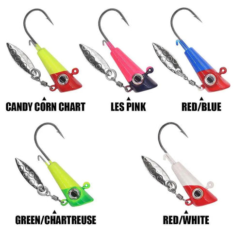 Underspin Shad Dart Jig Head With Bucktail And Spinner Lure Go To Choice Available In One Sixteen Ounce One Eighth Ounce And One Quarter Ounce One Inch Body 25 Pack For Freshwater And Light Saltwater Angling, various colors shown including candy corn chart, les pink, red/blue, green/chartreuse, red/white.