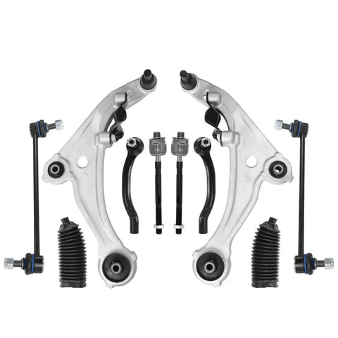 Front suspension control arm kit with two silver control arms and black curved arms, plus bolts, bushings, and boots.
