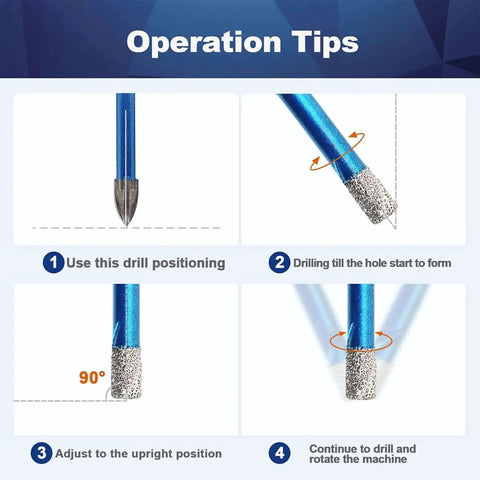 Operation guide for 9 Piece Dry Diamond Drill Bits Set Pro Grade For Glass Ceramic Tile Granite Quartz Stone 6mm To 12mm Core Drill Kit Dry Drilling Bits