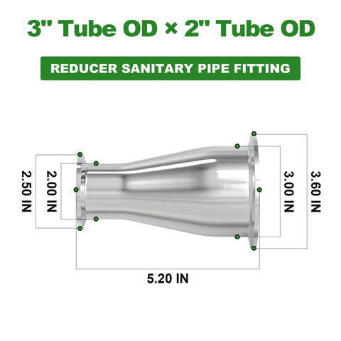 TAISHER 3in x 2in tube OD stainless steel sanitary tri-clamp reducer with ferrule flanges and silicone gaskets