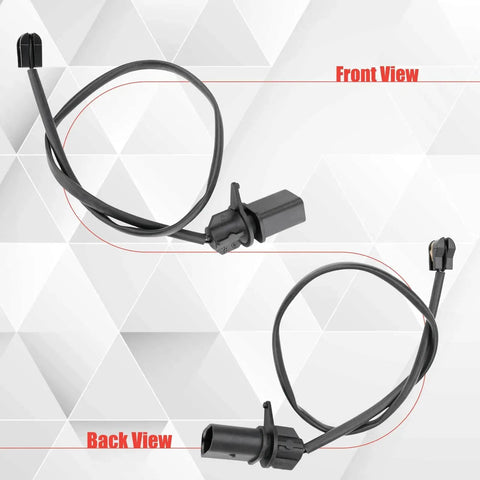 Black brake pad wear sensor for Audi with wiring harness and connector; front and back views