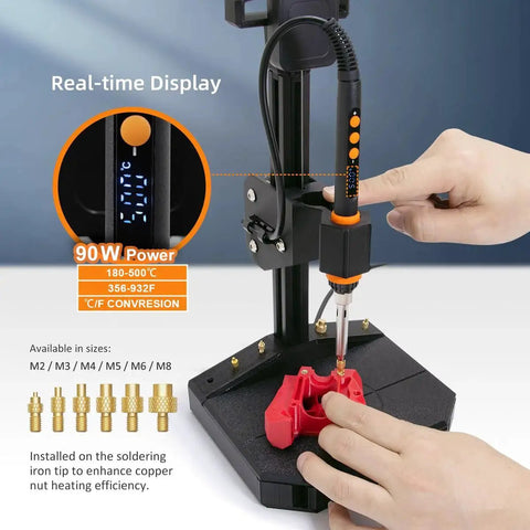 Heat Set Insert Tool With 90W Soldering Iron And M2 To M8 Tips And 30 Inserts in use on a plastic component, handheld operation.