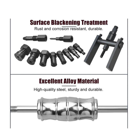 12-Piece Motorcycle Blind Bearing Puller Kit 8-25mm With Slide Hammer Pilot Insert Internal Bearing Removal Tool Set For Quick No-Fuss Wheel And Engine Bearing Replacement Fits Most Brands, showcasing tools with surface blackening and alloy finish
