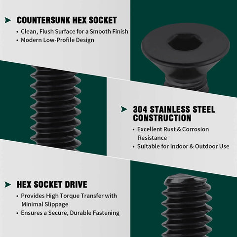 Image displaying features of 10-32 By 3/4 Inch Flat Head Socket Head Cap Screws Black Oxide Coated 304 Stainless Steel 50-Pc Set Tough-As-Nails