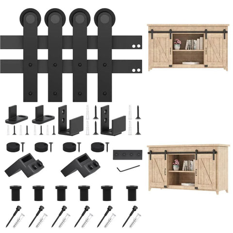 Compact 6 Foot Sliding Barn Door Hardware Kit For Double Doors And Small Cabinets with components and installed view