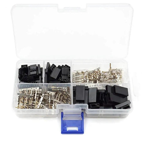 30 Sets RC Servo Connector Kit With Male And Female Crimp Pins, brass nickel plated, includes housings and protective covers in organizer box.
