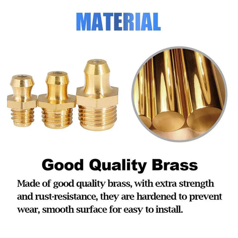 Close-up of 145-Piece Brass Zerk Grease Nipple Fittings Assortment Kit For Metric M6x1, M8x1, M10x1, highlighting brass material.