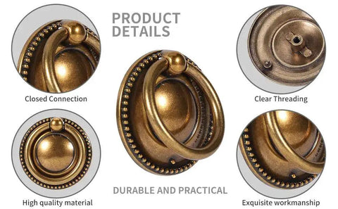 Product details of 8 Pack 2 Inch Antique Brass Ring Drawer Pulls With Round Plate Base For Cabinets And Cupboards, showing design and quality.