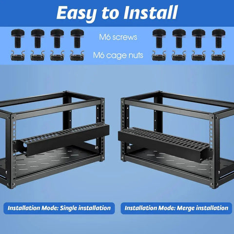 2 Pack 19 Inch 1U Server Rack Cable Management Kit With 24 Slot Horizontal Cable Raceway shown with easy install screws