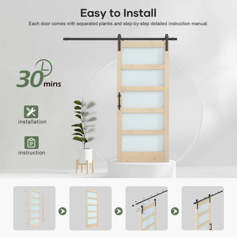 36 By 84 Inch Glass Sliding Barn Door Slab With 6.6 Foot Hardware Kit Included, 5 Panel Frosted Glass, Spruce Wood Support, Easy Assembly