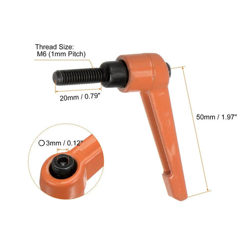 4 Pack Adjustable Clamping Lever Handles M6 X 20mm Male Thread With 50mm Levers 3mm Hex Socket Aluminum Alloy Orange Finish