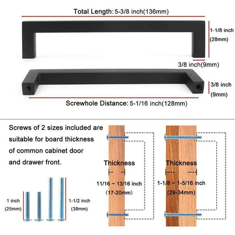 Diagram showing dimensions and screws of Oil Rubbed Bronze Solid Square Kitchen Cabinet Handles 5 Inch 10 Pack Durable Solid Metal Hardware.