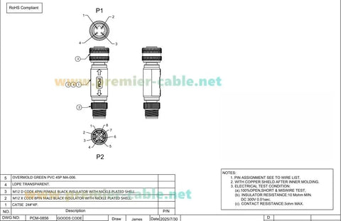 Technical diagram of M12 X Code Male To M12 D Code Female Shielded Ethernet Adapter Cat5e 100Mbps For PLCs showing connector details.