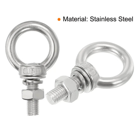 Heavy Duty Stainless Steel Eye Bolts Set Of 4 With Shoulder Ring Nuts And Washers For Lifting And Hanging Indoor Outdoor Use Rust Resistant Eye Bolts 4 Mm By 30 Mm With 3 Sixteenth Inch By 1.18 Inch Size, side view of bolts with stainless steel material