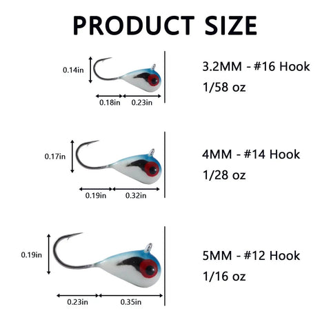 Glow Paint Tungsten Ice Fishing Jigs 6 Pack size chart for winter crappie and bluegill with ultra sharp high carbon steel hooks.