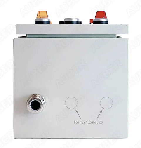 Side view of a heavy duty powder coating oven control panel with PID controller, timer, dual volt and amp meter, wall mount enclosure, 240V 30A 7200W.
