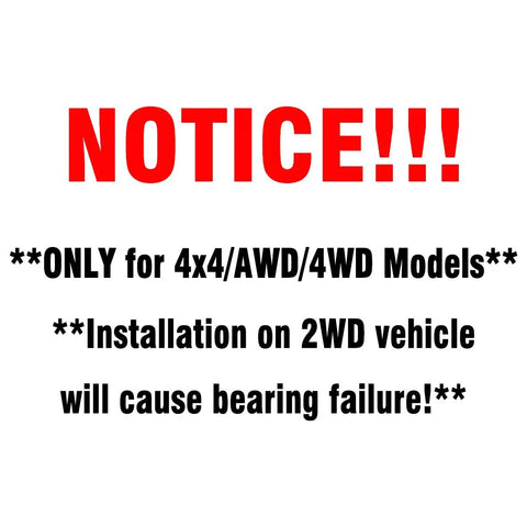 Notice stating the hub assembly is only for 4WD models, warning against use on 2WD vehicles to prevent bearing failure.