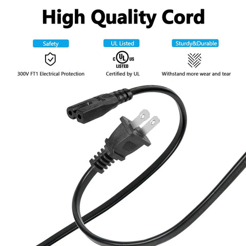 Black 10 ft sewing machine power cord with standard US plug and two-hole machine end
