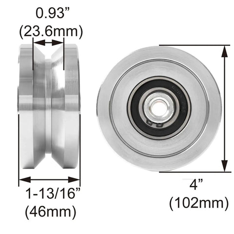 Side and front view of Heavy Duty 4 In Slide Gate Wheel With V Groove Dual Bearings, metal construction, 4-inch diameter.