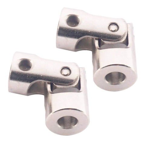 Two silver metal universal joint steering shaft couplers for RC cars, 3mm to 3mm