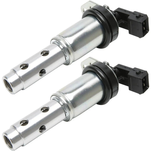 Vanos Solenoid Oil Control Valve Set Two Pack For BMW Engine Timing Replacement To Improve Power Throttle Response And Fuel Economy On Select 1 Series 3 Series 5 Series X Line Vehicles, showing the cylindrical metal valves with electrical connectors.