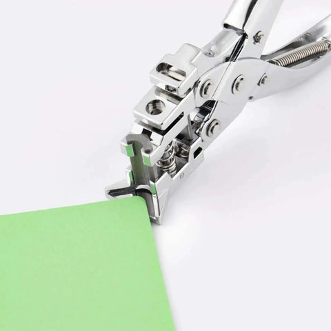3 In 1 Badge Slot Hole Punch, beefy heavy duty card cutter for PVC plastic, close-up cutting green cardstock, all-metal tool