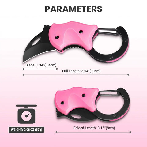 Pink Keychain Knife For Mom Cute Box Cutter Small Pocket Knife Gadget For Everyday Carry 1.34 Inch Blade EDC Tool Stocking Stuffers Christmas Gift For Her, folded view with parameters shown.