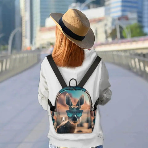 Mini Backpack Purse For Women With Adjustable Straps, featuring kangaroo pocket sunglasses holder, on a woman's back in city setting