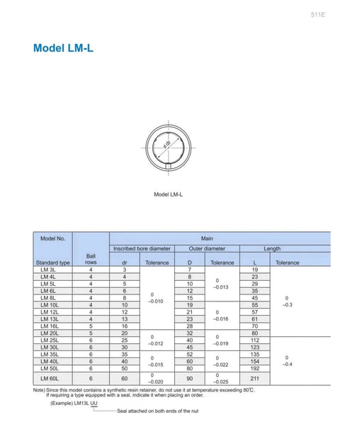Technical specifications for LM35LUU Linear Bearings And Bushings For Precision Shaft Motion, dimensions and tolerances chart.