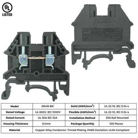 Compact DIN Rail Terminal Block Screw Type UL 600V 30A 10-22AWG, Pack of 100, shown from front and side
