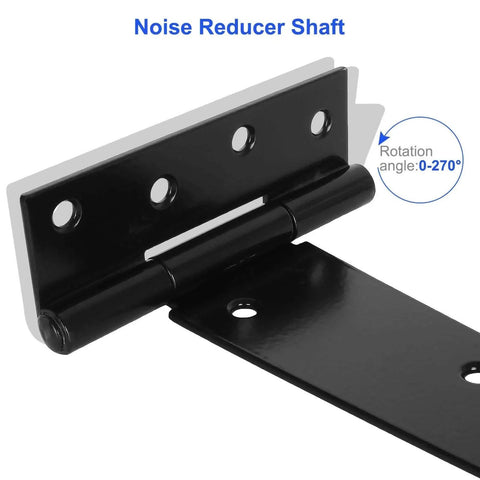 Close-up of Six Pack 12 Inch T Strap Shed Hinge Set in black with noise reducer shaft and 0-270° rotation angle, rust-resistant iron