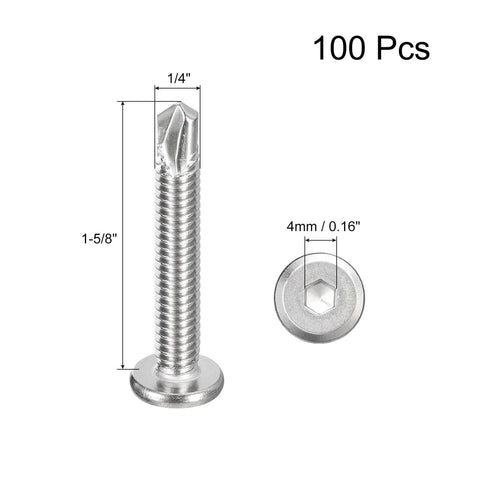 Heavy Duty Hex Socket Self Tapping Screws One Quarter Inch By One And Five Eighths Inch 410 Stainless Steel Flat Head Self Drilling For Sheet Metal And Wood Pack Of One Hundred Silver