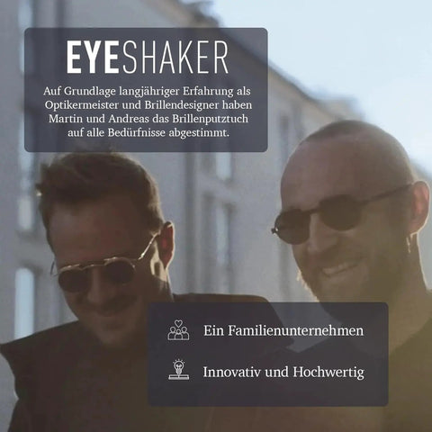 Two men wearing sunglasses smiling outdoors next to EYESHAKER branding and text about a family business focused on eyewear care.