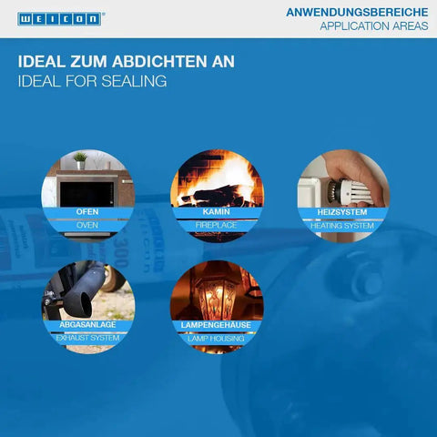 Diagram showing different applications of heavy-duty high temp silicone sealant for sealing bonding insulating up to 572°F.