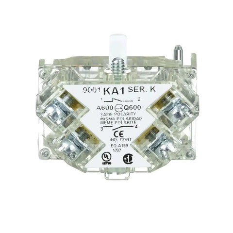 Front view of Heavy Duty Push Button Contact Block For 30mm Cutouts With 1NO 1NC Spring Return, Self Grounding Harmony Style 9001KA1 Compatible.