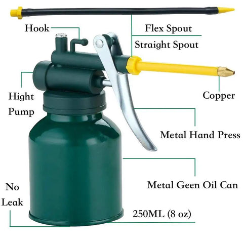 Garage Ready Dual Spout Oiler Can 8oz green metal pump with flexible and straight spouts, heavy-duty green coated metal.