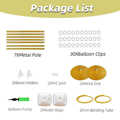 Package contents of Bendable Balloon Arch Stand Kit 9ft And 5.6ft With Heavy Base Water Bag Gold, showing included components.
