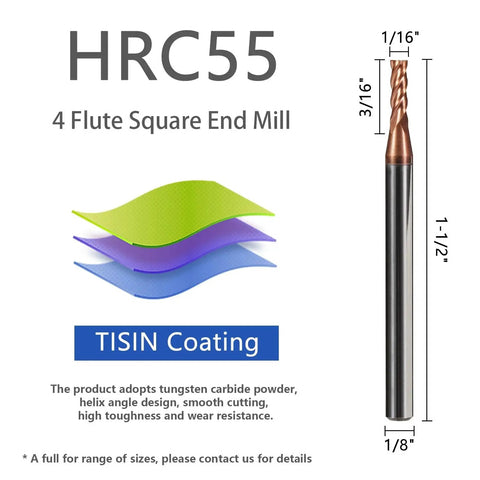 Diagram of 5 Pcs Micrograin Carbide Square End Mill Set with TiSiN Coating for CNC Milling Pro Grade, showing dimensions and features.